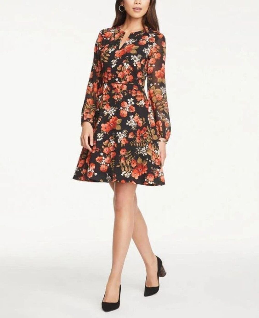 Ann Taylor Red Orange Black Poppy Floral L/S A-Line Dress 2 Petite
